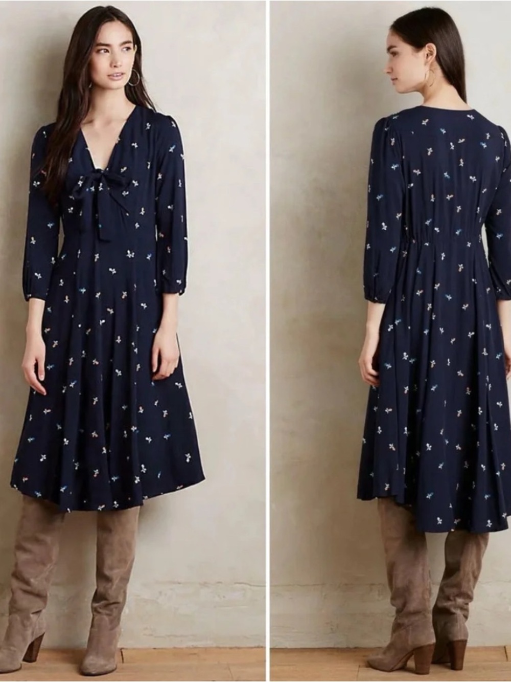 Anthropologie 11-1-TYLHO Navy Blue Floral Print Acadie Tie-Neck Dress Small S